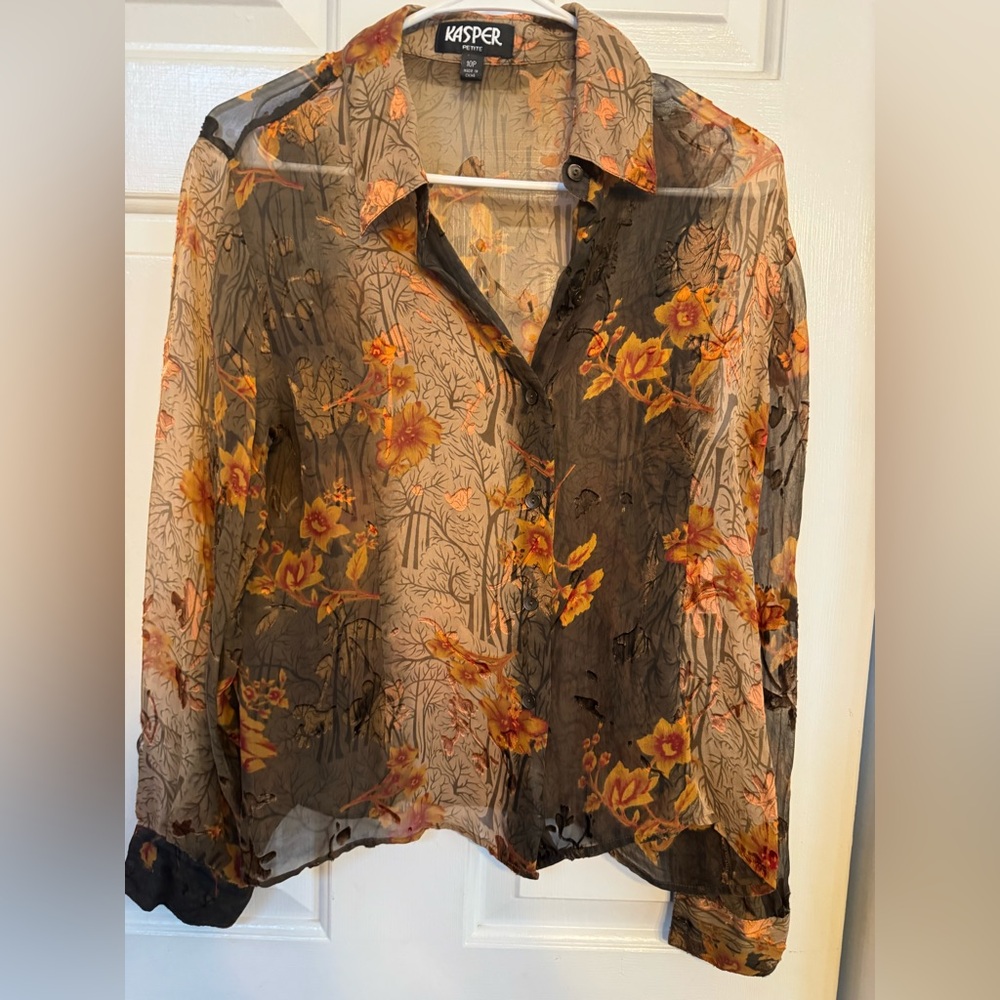 Kasper Black and Orange Floral Sheer Blouse